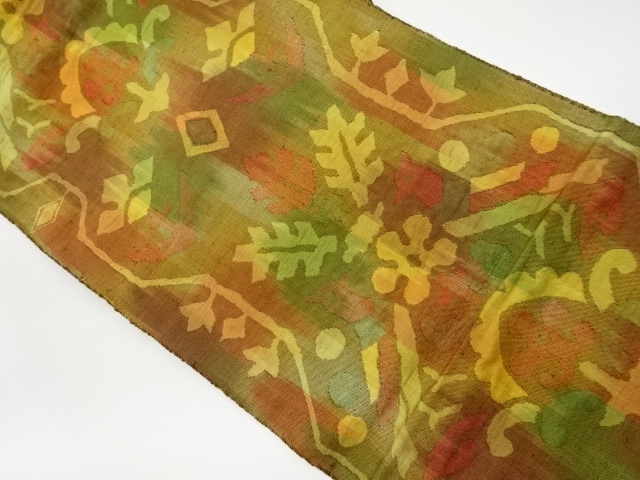 JAPANESE KIMONO / VINTAGE NAGOYA OBI / TSUMUGI / WOVEN BIRDS & FLORAL PLANTS